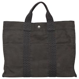Hermès-HERMES Sac Tote MM Her Line Toile Gris Argent Auth bs23513-Marron,Argenté