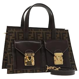 Fendi-FENDI Zucca Canvas Hand Bag 2way Brown Black gold Auth 101320SA-Brown,Black,Golden