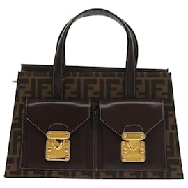 Fendi-FENDI Zucca Canvas Hand Bag 2way Brown Black gold Auth 101320SA-Brown,Black,Golden