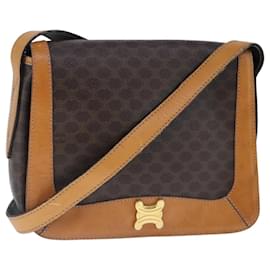 Céline-CELINE Macadam Canvas Shoulder Bag PVC Leather Brown Gold Auth 102371-Brown,Golden