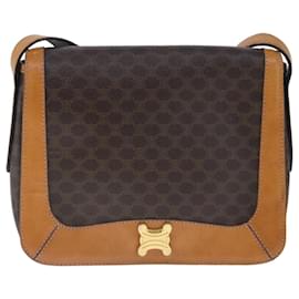 Céline-CELINE Macadam Canvas Shoulder Bag PVC Leather Brown Gold Auth 102371-Brown,Golden