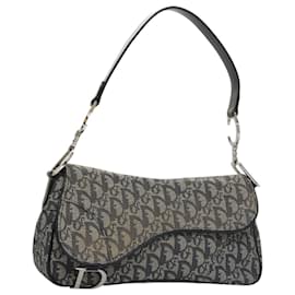 Christian Dior-Christian Dior Trotter Canvas Saddle Shoulder Bag Navy Silver Auth mr803-Silvery,Navy blue