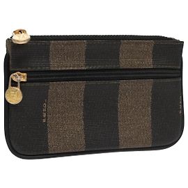 FENDI Pecan Canvas Tasche PVC Schwarz Braun Gold Auth ti2537 Braun Schwarz Golden