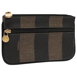 Fendi-FENDI Pecan Canvas Pouch PVC Black Brown Gold Auth ti2537-Brown,Black,Golden
