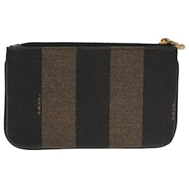 Fendi-FENDI Pecan Canvas Pouch PVC Black Brown Gold Auth ti2537-Brown,Black,Golden