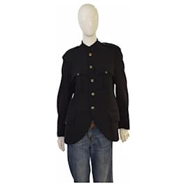 Yves Saint Laurent-Yves Saint Laurent YSL Black army style collarless Lana wool button jacket 48-Black