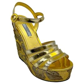 Prada-Prada Gold Brocade Capretto Wedge Sandals-Golden