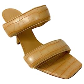 Autre Marque-Gia Borghini Nude Embossed Double Velcro Strap Leather Sandals-Beige