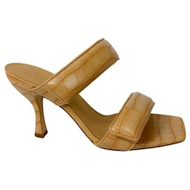 Autre Marque-Gia Borghini Nude Embossed Double Velcro Strap Leather Sandals-Beige