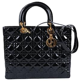 Dior-Christian Dior Lady Dior Large Patent Leather 2Way Handbag in Black-Black