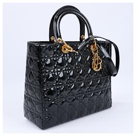 Dior-Christian Dior Lady Dior Large Patent Leather 2Way Handbag in Black-Black