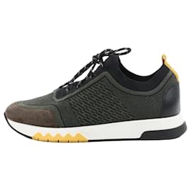 Hermès-Hermès Addict Knit × Leather Sneakers in Black x Khaki, Size 42.5 EU-Khaki