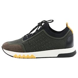 Hermès Addict Strick-×-Leder-Sneaker in Schwarz x Khaki, Größe 42,5 EU Khaki