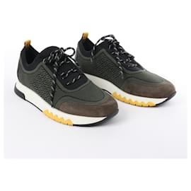 Hermès-Hermès Addict Knit × Leather Sneakers in Black x Khaki, Size 42.5 EU-Khaki