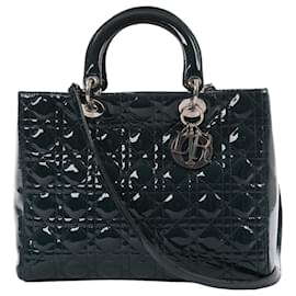 Dior-Christian Dior Lady Dior Large Cannage Patent Leather 2Way Handbag in Green-Green