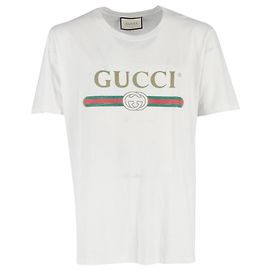 T-shirt oversize en coton blanc avec impression du logo vintage Gucci usé Blanc Écru