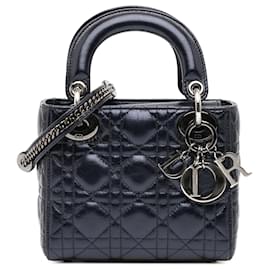Dior-Dior Blue Mini Crinkled Calfskin Cannage Lady Dior-Blue,Navy blue