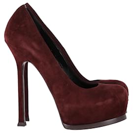 Saint Laurent- Saint Laurent  Tribtoo Platform Pumps in Burgundy Suede-Red,Dark red