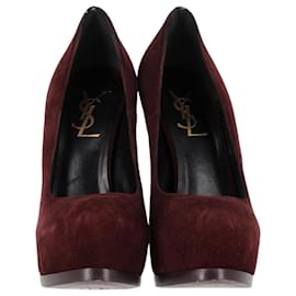Saint Laurent- Saint Laurent  Tribtoo Platform Pumps in Burgundy Suede-Red,Dark red