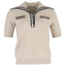 Gucci- Gucci Horsebit Chai Detail Polo Shirt in Cream Wool-White,Cream