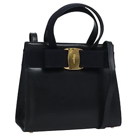 Salvatore Ferragamo Vala Handtasche Leder 2-Wege Navy Gold Auth BA817 Golden Marineblau