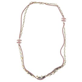 Chanel CC B21P Logo Collana in Pelle Rosa con Perle e Cristalli GHW Rosa