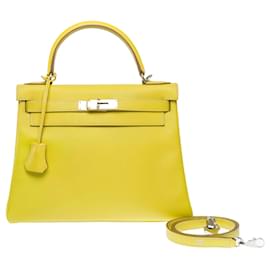 Hermès-HERMES Kelly 28 Bag in Yellow Leather - 102593-Yellow
