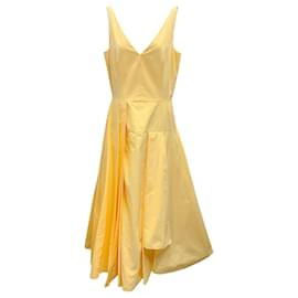 Alexander Mcqueen-Alexander McQueen Pale Yellow 2020 Sleeveless V-Neck Asymmetric Cotton Midi Dress-Yellow