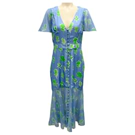 Prabal Gurung-Prabal Gurung Sky Blue / Grass Flutter-Sleeve Silk Cocktail Dress-Blue