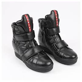 Prada-PRADA Sport Leather High-top Sneakers in Black 3TZ047, Size 36.5 EU-Black