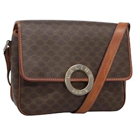 Céline-CELINE Macadam Canvas Circle Shoulder Bag PVC Leather Brown Gold Auth EC528-Brown,Golden