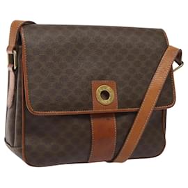 Céline-CELINE Macadam Canvas Shoulder Bag PVC Leather Brown Gold Auth BD960-Brown,Golden
