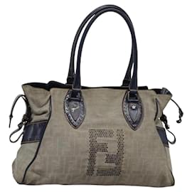 Fendi-FENDI Zucca Canvas Tote Bag Canvas Gray Navy Auth bs22666-Brown,Navy blue