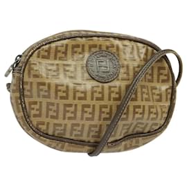 Fendi-FENDI Zucchino Canvas Shoulder Bag PVC Brown Silver Auth th5785-Brown,Silvery