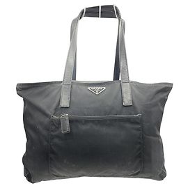 Prada Nylon Black Logo Calf Leather Tote Boston Shoulder Bag Black
