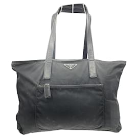 Prada-Prada Nylon Black Logo Calf Leather Tote Boston Shoulder Bag-Black