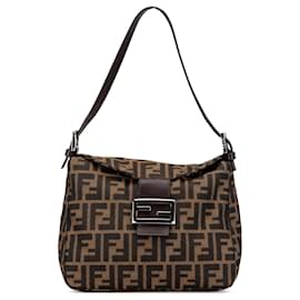 Fendi-Fendi Brown Zucca Canvas Double Flap Shoulder Bag-Brown
