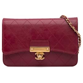 Chanel-Chanel Red Stitched Goatskin Golden CC Wallet On Chain-Red,Dark red