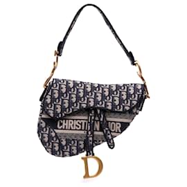 Dior-Dior Blue Oblique Embroidered Canvas Saddle Bag-Blue