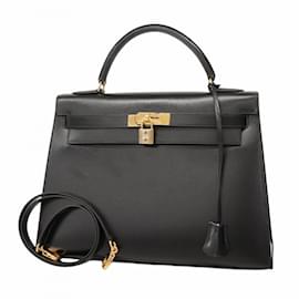 Hermès-Sac à main Hermes Kelly 32 en cuir de veau noir-Noir
