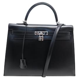 Hermès-HERMES KELLY 36 SELLIER BLACK BOX LEATHER PALLADIE 2008 SHOULDER BAG-Black