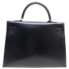 Hermès-HERMES KELLY 36 SELLIER BLACK BOX LEATHER PALLADIE 2008 SHOULDER BAG-Black