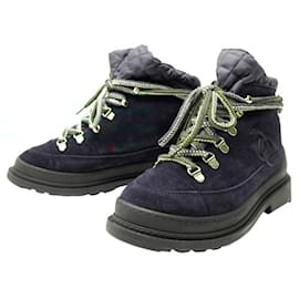 Chanel-NINE CHANEL COMBAT BOOTS 36 SUEDE LINED NAVY BLUE-Navy blue