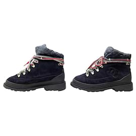 Chanel-NINE CHANEL COMBAT BOOTS 36 SUEDE LINED NAVY BLUE-Navy blue