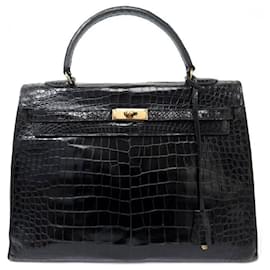 Hermès-VINTAGE HERMES KELLY 35 SELLIER CROCODILE POROSUS BLACK LEATHER HANDBAG-Black