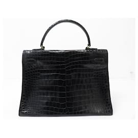 Hermès-VINTAGE HERMES KELLY 35 SELLIER CROCODILE POROSUS BLACK LEATHER HANDBAG-Black