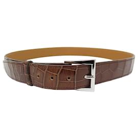 Hermès-HERMES BELT STEEL BUCKLE PALLADIUM CROCODILE LEATHER POROSUS T88-Brown