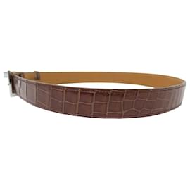 Hermès-HERMES BELT STEEL BUCKLE PALLADIUM CROCODILE LEATHER POROSUS T88-Brown