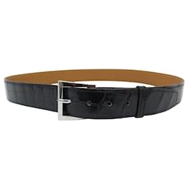 Hermès-HERMES BELT STEEL BUCKLE PALLADIUM CROCODILE LEATHER POROSUS BLACK T87-Black