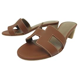 Hermès-NINE HERMES SHOES OASIS SANDALS H071002Z BROWN LEATHER 34 + BOX-Brown